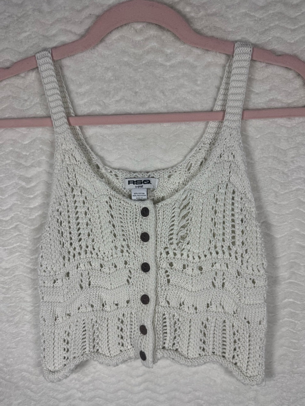 RSQ Ivory Openwork Knit Button-Front Crop Tank